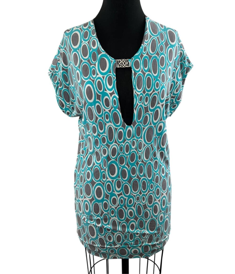 TRINA TURK Turquoise Gray Print Short Sleeve Plunging Neckline Tunic Top Size S